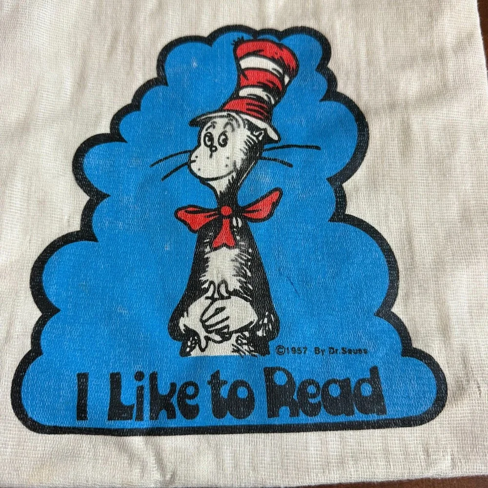 Vintage 1980s Dr. Seuss canvas Tote Bag ‎ I Like to Read Cat in the Hat Taiwan